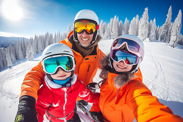 Fototapeta na wymiar Family documents winter adventure with cheerful selfie. Parents and child smile sincerely for photo with snow-covered trees in background