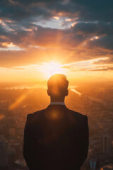 Close Encounter with Success: Businessman Facing the Sunrise