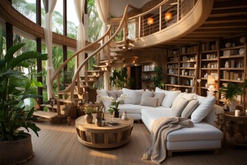 House with bamboo or wooden natural interior decoration style inspiration ideas