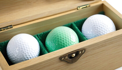 Close-up of three golf balls in a wooden box