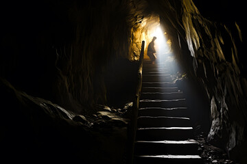 Silhouette dans un escalier remontant d'un cave creusée dans la roche - obrazy, fototapety, plakaty