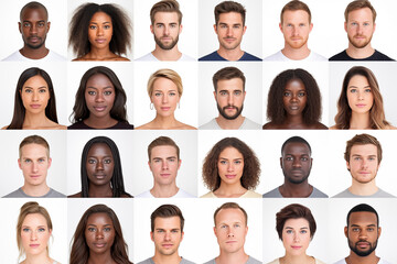 Global People diversity Collage Portraits, Each person close up shot in a flat squares background, portraits of multicultural people, Collage Showcasing the Many Faces and Stories of Males and Females - obrazy, fototapety, plakaty