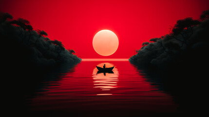 Silhouette d'un bateau au coucher du soleil - obrazy, fototapety, plakaty