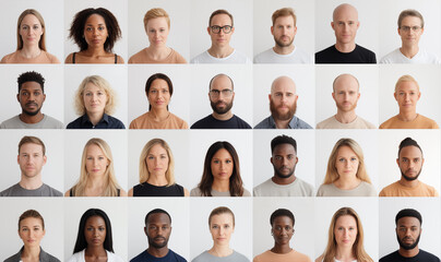Global People diversity Collage Portraits, Each person close up shot isolated in white background, portraits of multicultural people, Collage Showcasing the Many Faces and Stories of Males and Females