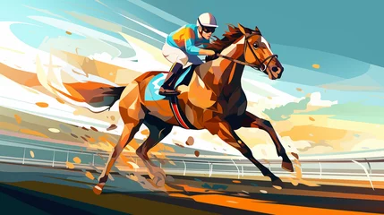 Poster Vector Of Jockey On Horse, Champion Horse Is Doing Exercise, Jockey on racing horse. Sport. Champion. Hippodrome. Racetrack. Equestrian. Derby. Speed. Generative Ai.   © Jaunali