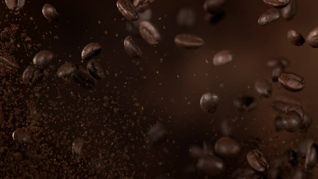 Super Slow Motion Shot of Flying Premium Coffee Beans and Ground Coffee at 1000fps.