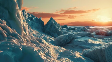 Glaciers on top of snow at sunset - obrazy, fototapety, plakaty