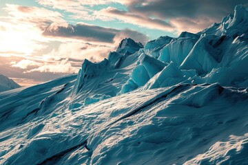 Glaciers on top of snow at sunset