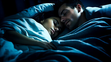 Homme et femme dormant ensemble dans leur lit - obrazy, fototapety, plakaty