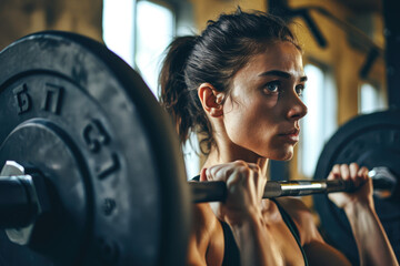 woman lifting the barbell during workout training in a gym - obrazy, fototapety, plakaty