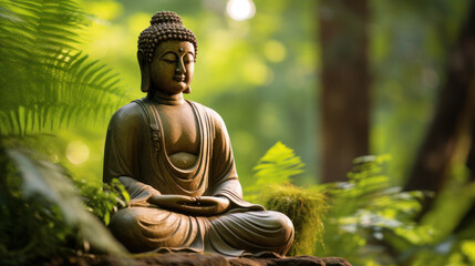 buddha statue on a rock in a blurred green bamboo jungle, fresh natural spa wallpaper concept with...