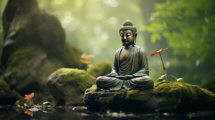 buddha statue on a rock in a blurred green bamboo jungle, fresh natural spa wallpaper concept with asian spirit and copy space - obrazy, fototapety, plakaty