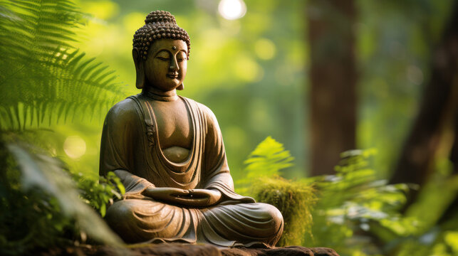 buddha statue on a rock in a blurred green bamboo jungle, fresh natural spa wallpaper concept with asian spirit and copy space