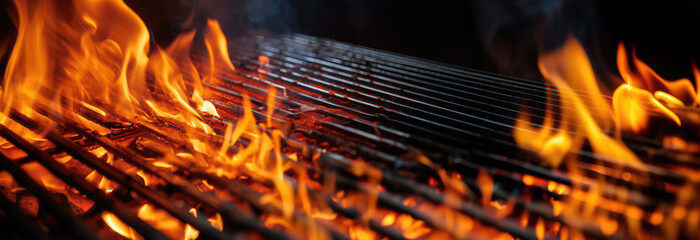 Empty flaming grill grates with open fire, ready for product placement. Background for grilled food with fire. - obrazy, fototapety, plakaty