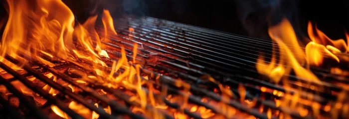 Poster Empty flaming grill grates with open fire, ready for product placement. Background for grilled food with fire. © petrrgoskov