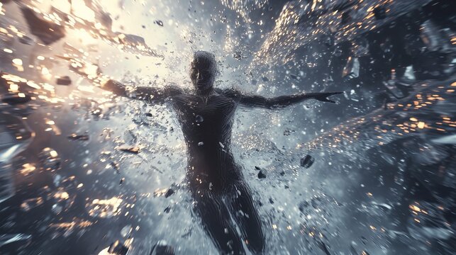 Silhouette of a Human Figure Surrounded by Splashing Water Illuminated by Light