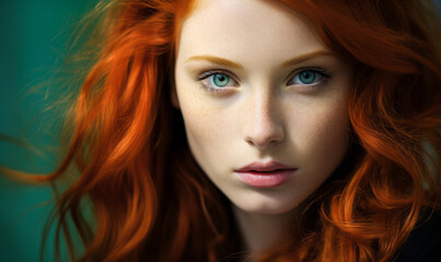 Vivid red-haired young woman with intense green eyes and porcelain skin, highlighted by contrasting blue backdrop