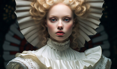 Surreal portrait of a woman with pale skin and curly blonde hair in elaborate white Elizabethan collar and dress, embodying historical fashion