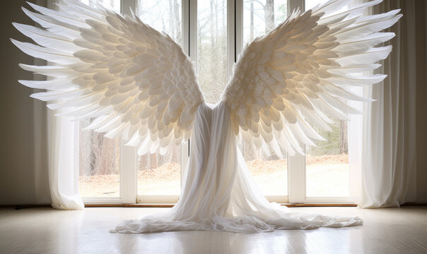 Majestic white angel wings spread wide in a luminous room with sheer curtains, symbolizing freedom, purity, and spiritual transcendence