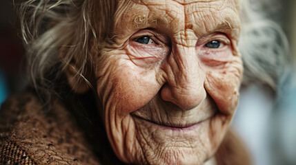 Close portrait of a very elderly woman smiling looking at the camera