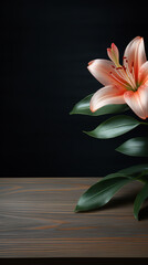 Empty wooden table with lily flower lying on it without additional details