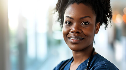 Portrait of a black nurse woman looking at the camera with a smile, photo, hospital white light...