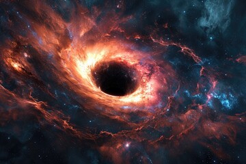 Cosmic mystery : the depths of a black hole in space, an enigmatic gravitational singularity shaping the fabric of the universe, a celestial journey into the heart of darkness - obrazy, fototapety, plakaty