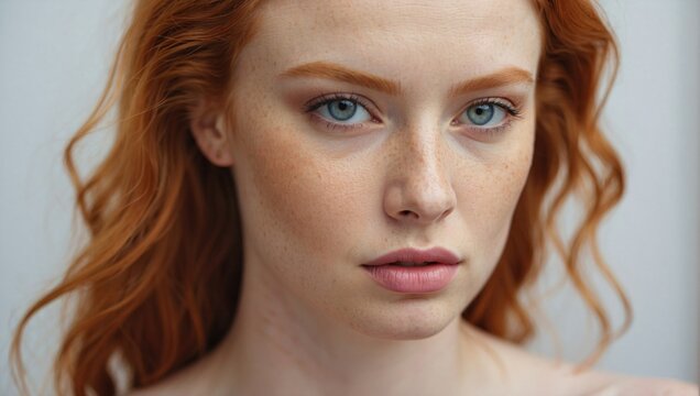 High-definition image of a woman with ginger hair, deep blue eyes looking slightly off-camera, and a light complexion speckled with freckles.