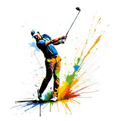 Golf sport golfer man swing action splash painting
