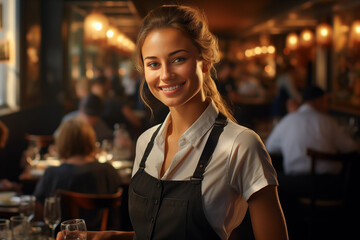 Smiling women waiter at work in a restaurant. Catering professions. Looking for a waiter in a restaurant. Seasonal server. AI. Work. Working. - obrazy, fototapety, plakaty