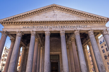 Facade of the Pantheon temple in Rome, Italy