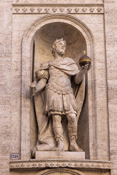 Statue of Carlo Magno on the facade of the church of Saint Louis of France in Rome, Italy