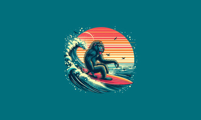monkey playing surfing on sea vector artwork design - obrazy, fototapety, plakaty