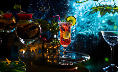 champagne glasses and christmas decorations