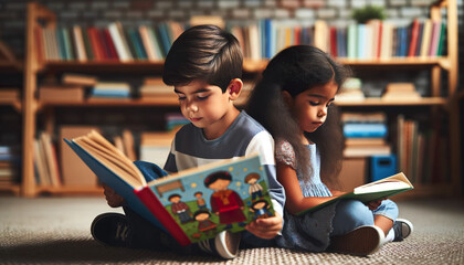 A young Hispanic boy and a girl sitting back to back reading books in the library. Reading exercises the Brain provides free entertainment and Improves Concentration.  - obrazy, fototapety, plakaty