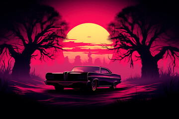 Fototapeta na wymiar A car at a pink sunset drives past the trees. Generative AI