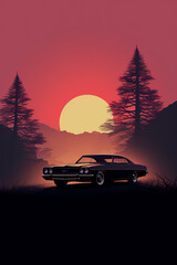 A car at a pink sunset drives past the trees. Generative AI