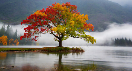 a colourful tree with water, fog and mountains behind them