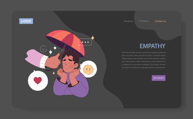 Empathy dark mode or night mode web banner or landing page. Deep understanding of emotions, sympathy and compassion. Emotional support or comfort, friendship connection. Flat vector illustration