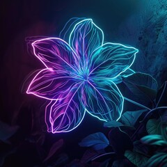 Multicolor neon light drawing, abstract shape flowers isolated on black background. Glowing line art. The Illumination of vibrant radiance of neon flower