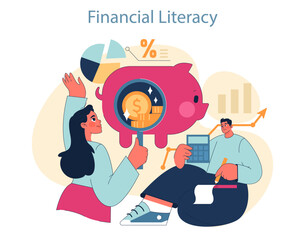 Empowering Financial Literacy concept. Young woman analyzing piggy bank with magnifying glass, man with calculator signifies budgeting. Pie charts and growth graphs highlight financial growth.