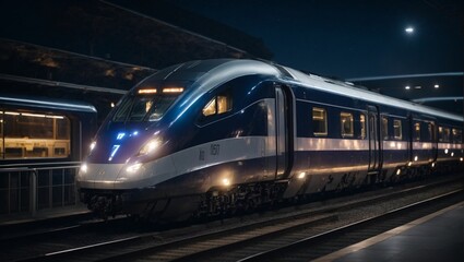 Naklejka premium Nighttime Express Train Departure: Futuristic train under starry sky. Warm interior lights, city lights in the distance. Adventure and nocturnal energy. generative AI