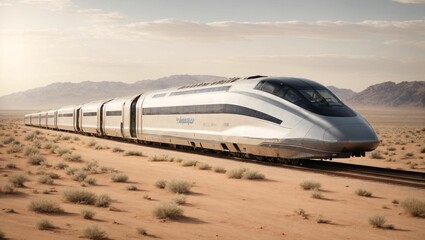 High-Speed Maglev Train in a Desert Landscape.  Maglev train glides through desert: High-speed journey, hovering above ground. Juxtaposition of advanced tech and serene isolation. generative AI