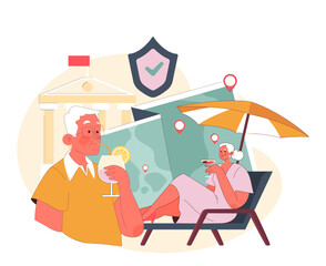 Retirement concept. Elderly couple enjoys a serene vacation, symbolizing the relaxing days of retirement. Sipping cocktails under the sun with a secure bank in the background. Flat vector.