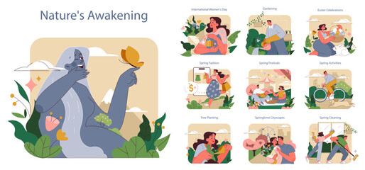 Nature's Awakening set. The rebirth of flora and fauna with the onset of spring. Celebrations, fashion, gardening, and cleaning.
