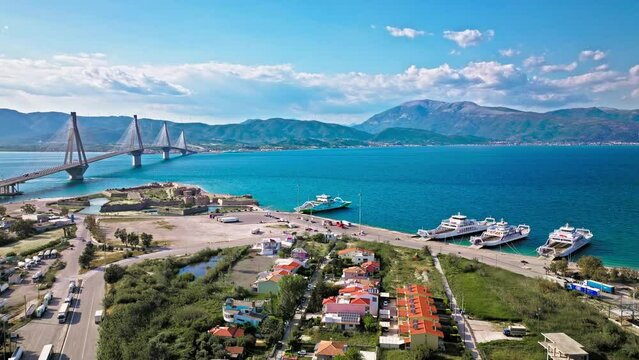 Aerial view of the historical old Rio Fortress Castle in Greece. Patras, Greece. Rio Fortress. The Rio-Antirrio Bridge. Officially the Charilaos Trikoupis Bridge. Bridge over the Gulf of Corinth.
