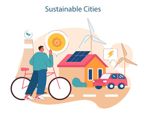 Sustainable Cities. Harmonizing urban living with renewable energy use and eco-friendly transportation. Promoting greener communities. Flat vector illustration