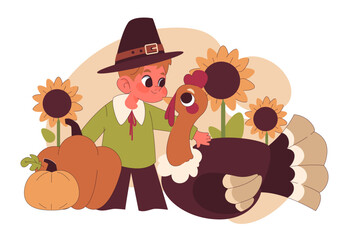 Joyful family celebrating Thanksgiving. American holiday gathering. Happy child, pilgrim with turkey and pumpkin. Flat vector illustration