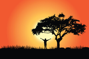 Fototapeta na wymiar Silhouette of a tree in the sunset with a woman raising her arms to the golden sunset Freedom, success, and hope concept. vector art.