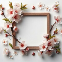 A frame with cherry blossom flowers on a clear white background. A greeting card design for holiday, Mother's day, Easter, Valentine day. A springtime composition with copy space 